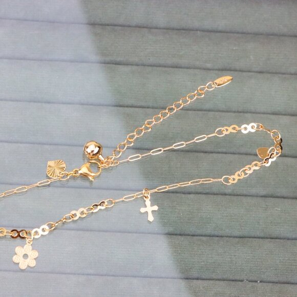 "Rose Gold Anklet with Cross & Flower Charms, XPAL1164 - Picture 9 of 12